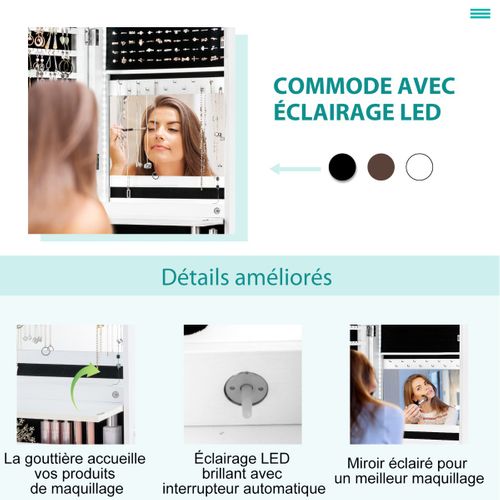 Armoire à Bijoux Murale/à Suspendre LED 4 Tiroirs 4 Etagères Et 1 Abattant Intégré Pour Bijoux