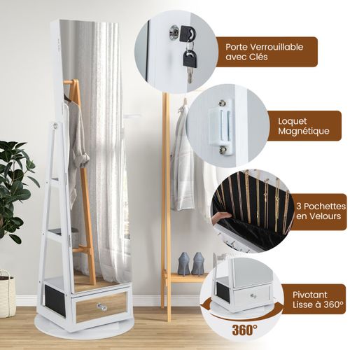 Armoire à Bijoux Pivotante à 360°miroir Pleine Longueur Lumières LED Etagère 3 Niveaux Porte