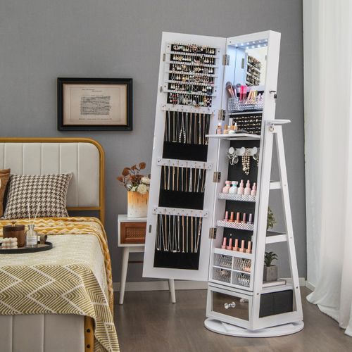 Armoire à Bijoux Pivotante à 360°miroir Pleine Longueur Lumières LED Etagère 3 Niveaux Porte