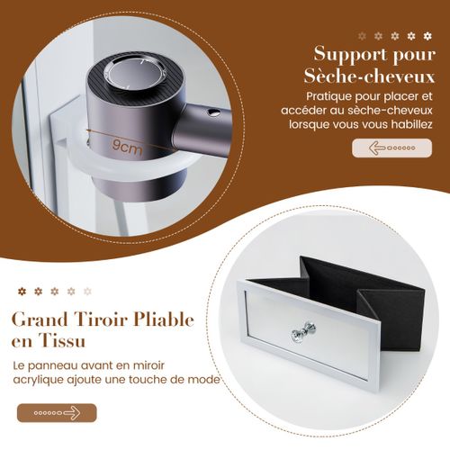 Armoire à Bijoux Pivotante à 360°miroir Pleine Longueur Lumières LED Etagère 3 Niveaux Porte