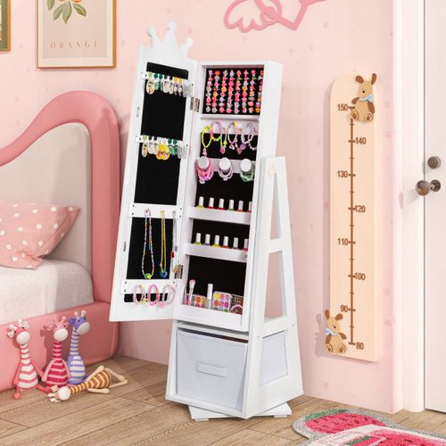 Armoire à Bijoux Pour Enfants Miroir Sur Pied Avec Grande Capacité De Rangement Et Base Pivotante