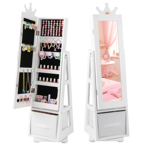 Armoire à Bijoux Pour Enfants Miroir Sur Pied Avec Grande Capacité De Rangement Et Base Pivotante