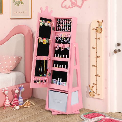 Armoire à Bijoux Pour Enfants Miroir Sur Pied Avec Grande Capacité De Rangement Et Base Pivotante