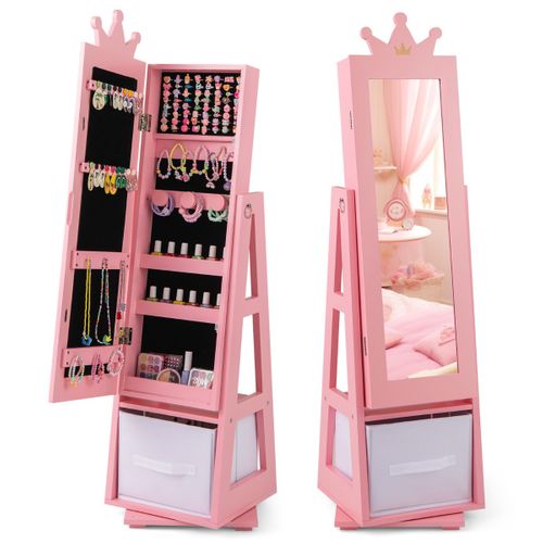 Armoire à Bijoux Pour Enfants Miroir Sur Pied Avec Grande Capacité De Rangement Et Base Pivotante
