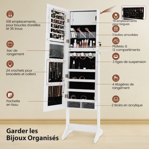 Armoire à Bijoux Sur Pied Avec Miroir Pleine Longueur LED 3 Couleurs Verrouillable Miroir