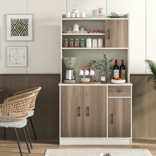 Buffet De Cuisine, Meuble Cuisine, Meuble De Rangement Avec Clapier 4 Etagères Réglables Blanc