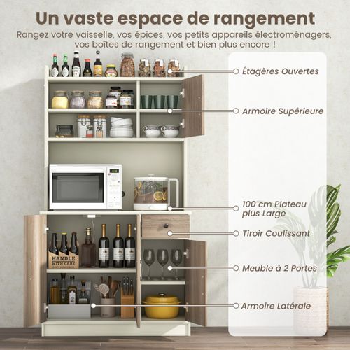 Buffet De Cuisine, Meuble Cuisine, Meuble De Rangement Avec Clapier 4 Etagères Réglables Blanc
