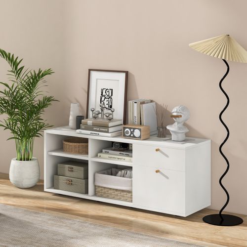 Buffet, Bahut, Meuble De Rangement Avec 2 Tiroirs Autoportante Pour Bureau Salon Chambre Blanc