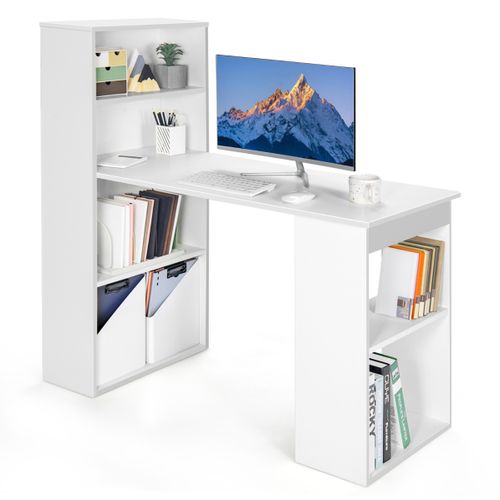 Bureau D'ordinateur, Bureau D'étude, Bureau Informatique Avec Bibliothèque à 6 Niveaux Blanc