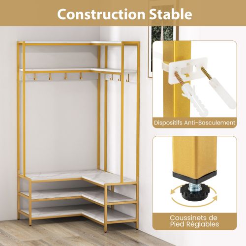 Vestiaire, Porte-vêtements D'angle Avec 7 Crochets Banc à Chaussures Cadre En Métal Massif