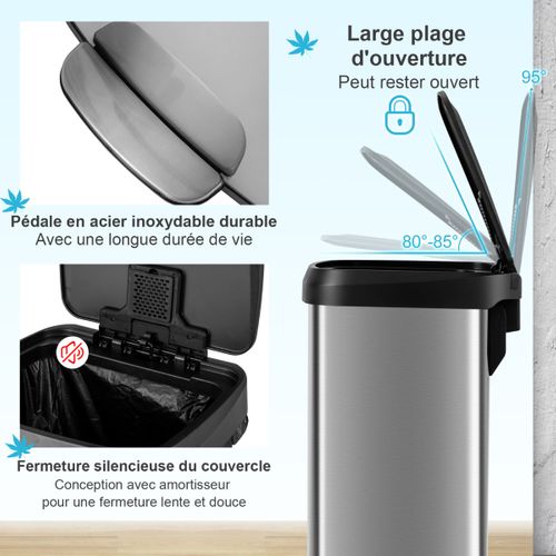 Poubelle 50 Litres à Pédale 41 X 39 X 61 Cm En Acier Inox Anti-empreintes Fermeture
