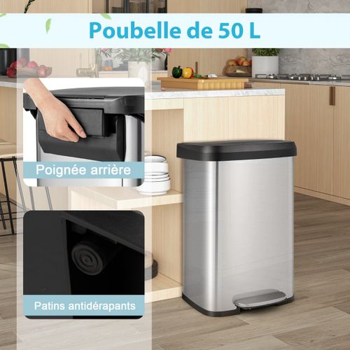 Poubelle 50 Litres à Pédale 41 X 39 X 61 Cm En Acier Inox Anti-empreintes Fermeture