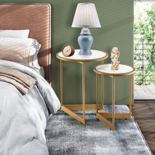 Lot De 2 Tables Basses Gigognes, Tables De Salon Rondes Avec Coussinets De Pied Réglables Blanc