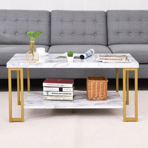 Table Basse, Table De Salon 2 Étages Imprimée Marbre Design Moderne Bout De Canapé 100x49,5x45cm