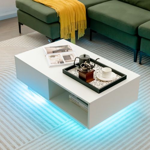 Table Basse, Table De Salon LED Contemporain Avec Grand Tiroir 95x55x31 Cm Blanc