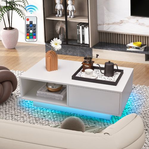 Table Basse, Table De Salon LED Contemporain Avec Grand Tiroir 95x55x31 Cm Blanc