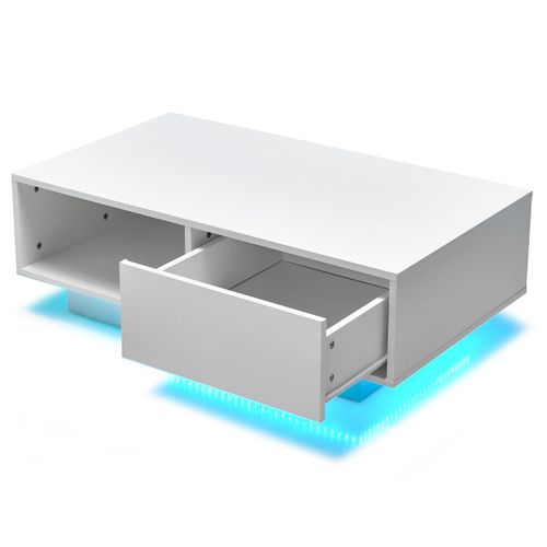 Table Basse, Table De Salon LED Contemporain Avec Grand Tiroir 95x55x31 Cm Blanc