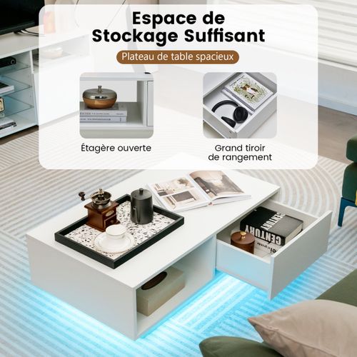 Table Basse, Table De Salon LED Contemporain Avec Grand Tiroir 95x55x31 Cm Blanc