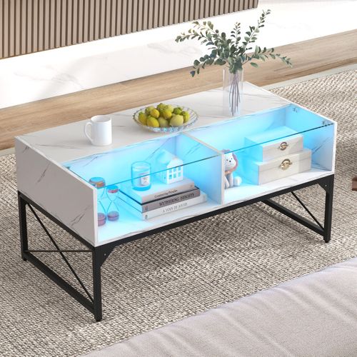 Table Basse, Table De Salon Haute Brillance Avec 4 Cubes LED Moderne Blanc