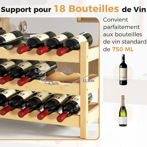 Casier à Vin En Bambou à 3 Niveaux Support De Vin Pour 18 Bouteilles Avec Fente Ondulée
