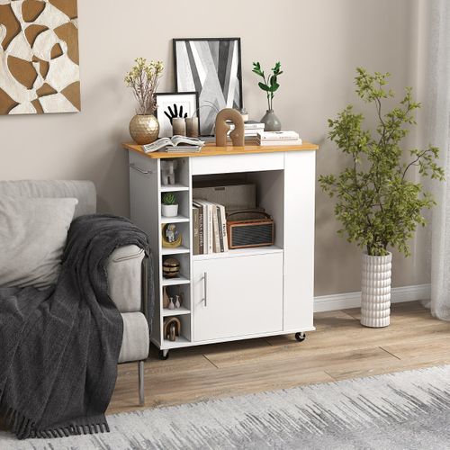 Desserte à Roulettes, Chariot De Cuisine Îlot De Cuisine Mobile Plateau En Bambou Casier à Vin