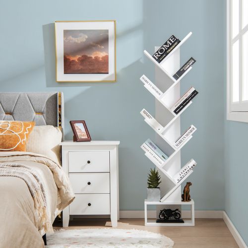 Étagère, Bibliothèque, Meuble De Rangement à 10 Niveaux Avec Tiroir Pour Cd Dvd Et Livres Blanc