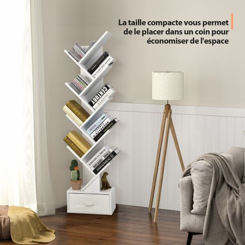 Étagère, Bibliothèque, Meuble De Rangement à 10 Niveaux Avec Tiroir Pour Cd Dvd Et Livres Blanc