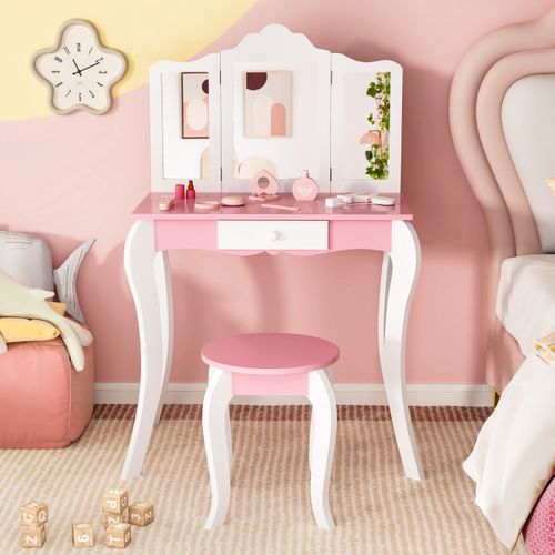 Coiffeuse Enfant, Table De Maquillage Avec Tabouret Miroir 1 Tiroir Et Accessoires Blanc