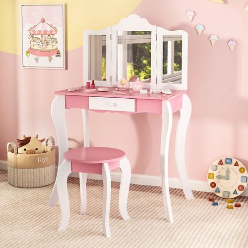 Coiffeuse Enfant, Table De Maquillage Avec Tabouret Miroir 1 Tiroir Et Accessoires Blanc