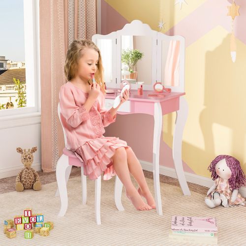 Coiffeuse Enfant, Table De Maquillage Avec Tabouret Miroir 1 Tiroir Et Accessoires Blanc