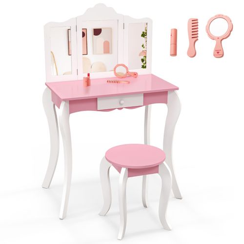 Coiffeuse Enfant, Table De Maquillage Avec Tabouret Miroir 1 Tiroir Et Accessoires Blanc