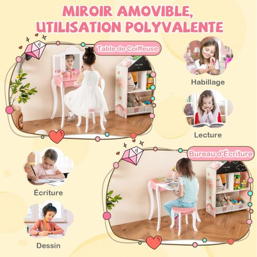 Coiffeuse Enfant, Table De Maquillage Avec Tabouret Miroir 1 Tiroir Et Accessoires Blanc
