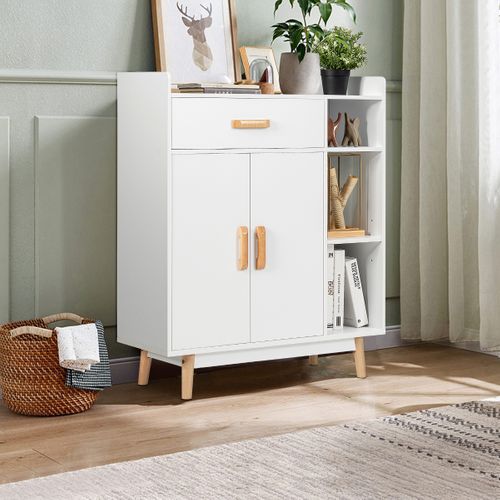 Buffet, Meuble De Rangement Scandinave 1 Tiroir 2 Portes 80 X 30 X 95 Cm Blanc
