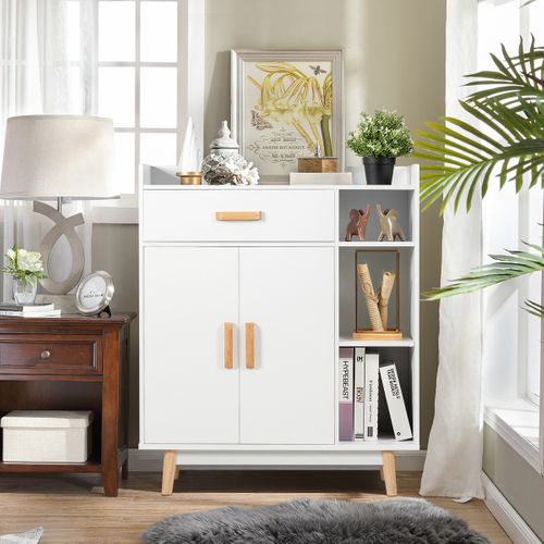 Buffet, Meuble De Rangement Scandinave 1 Tiroir 2 Portes 80 X 30 X 95 Cm Blanc