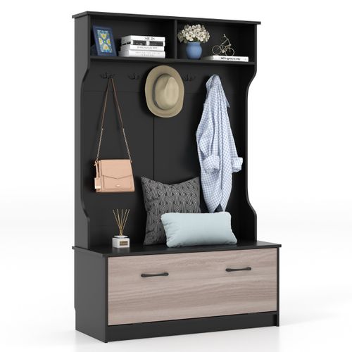 Vestiaire, Meuble D'entrée Avec Porte Manteaux Banc Et 2 Compartiments 100x40x160cm Noir