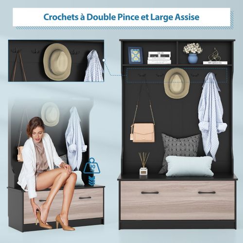 Vestiaire, Meuble D'entrée Avec Porte Manteaux Banc Et 2 Compartiments 100x40x160cm Noir