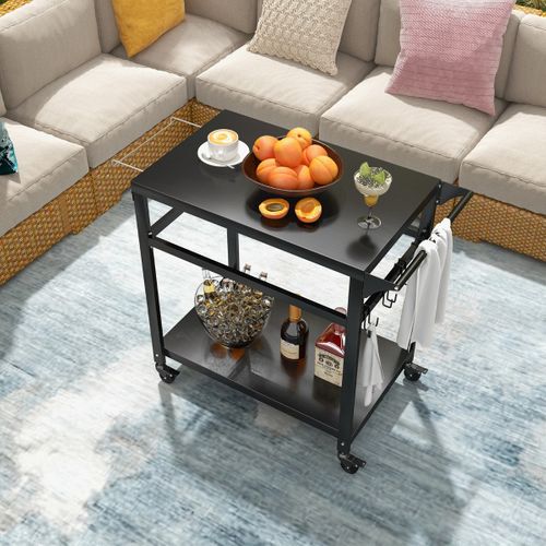 Chariot Pour Plancha / Barbecue à 2 Etagères Desserte De Jardin Sur Roulettes Avec 4 Crochets