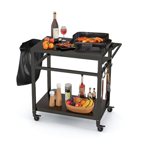 Chariot Pour Plancha / Barbecue à 2 Etagères Desserte De Jardin Sur Roulettes Avec 4 Crochets