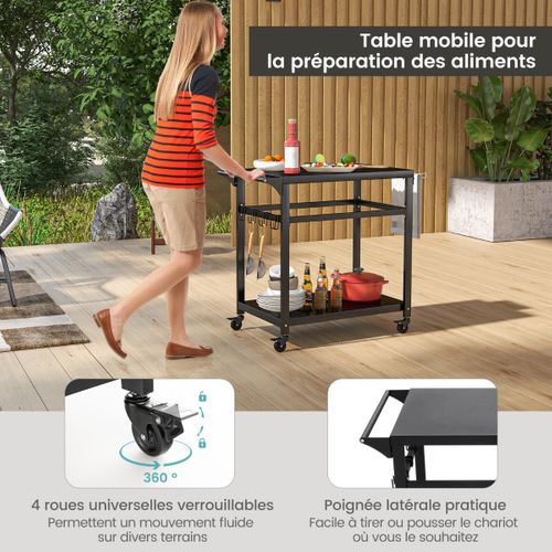 Chariot Pour Plancha / Barbecue à 2 Etagères Desserte De Jardin Sur Roulettes Avec 4 Crochets