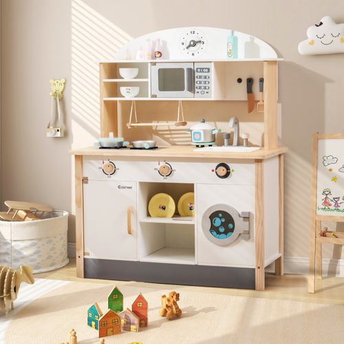 Cuisine Enfants En Bois Avec 17 Accessoires Jeu De Cuisine Avec Micro-ondes Et Machine à Laver