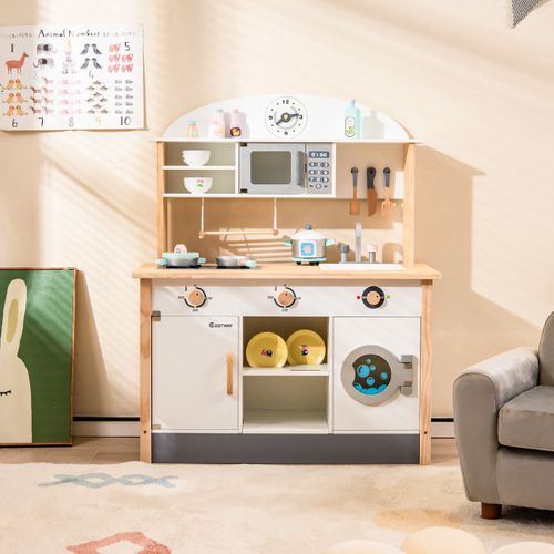 Cuisine Enfants En Bois Avec 17 Accessoires Jeu De Cuisine Avec Micro-ondes Et Machine à Laver