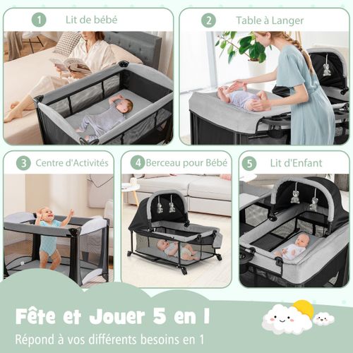 Lit Bébé 5 En 1 Lit Parapluie Pliable Parc Bébé Table à Langer Avec Berceau Matelas Amovible