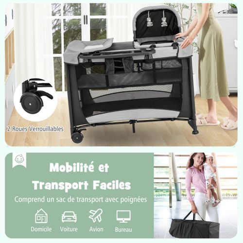 Lit Bébé 5 En 1 Lit Parapluie Pliable Parc Bébé Table à Langer Avec Berceau Matelas Amovible