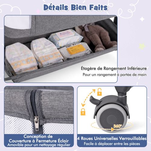 Lit De Bébé Berceau Berceau De Côté Avec Hauteur Réglable 6 Niveaux Étagère De Rangement