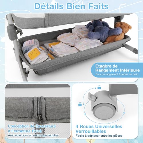 Lit De Bébé Berceau Berceau De Côté Avec Hauteur Réglable 6 Niveaux Étagère De Rangement