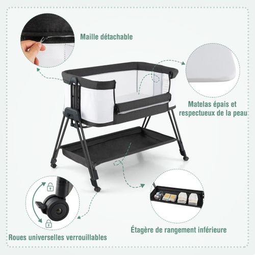 Lit De Chevet Pour Bébé Berceau Lit Pliant Portable Berceau Réglable Avec Rangement Noir