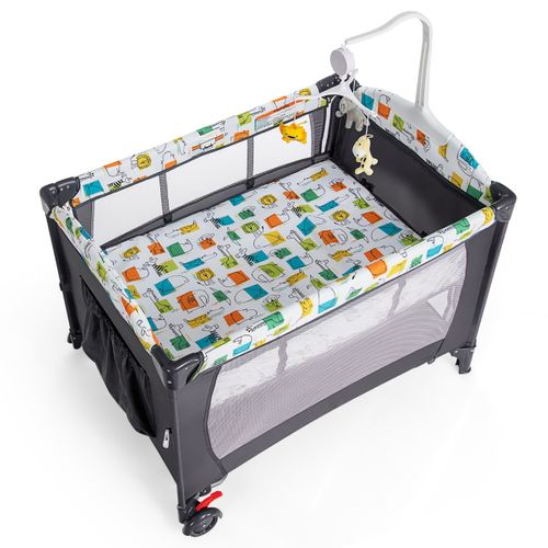 Lit Parapluie Bébé Pliant 5 En 1 Avec Matelas Table à Langer Boîte à Musique 3 Jouets