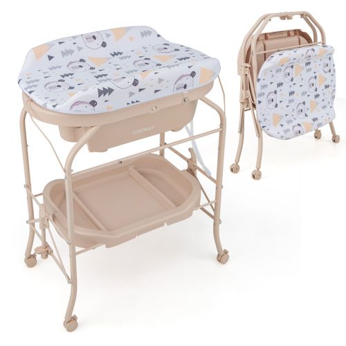 Table à Langer Bébé Avec Baignoire 20l Pliante 4 En 1 Coussin En Pvc 4 Roues Universelles