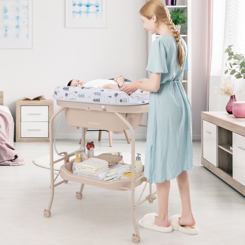 Table à Langer Bébé Avec Baignoire 20l Pliante 4 En 1 Coussin En Pvc 4 Roues Universelles