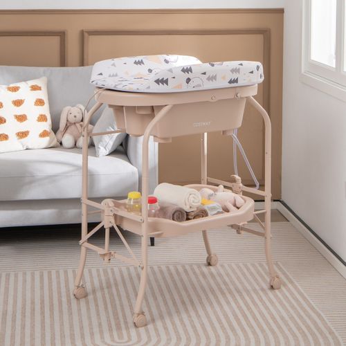 Table à Langer Bébé Avec Baignoire 20l Pliante 4 En 1 Coussin En Pvc 4 Roues Universelles